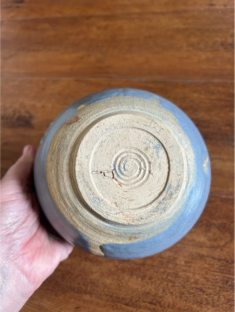 Handmade Ceramic Bowl with Blue Exterior and Brown Interior